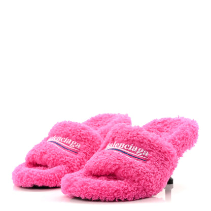 Balenciaga Faux Shearling Political Campaign Logo 80mm Sandals 37 Pink White Blue 4 of 8