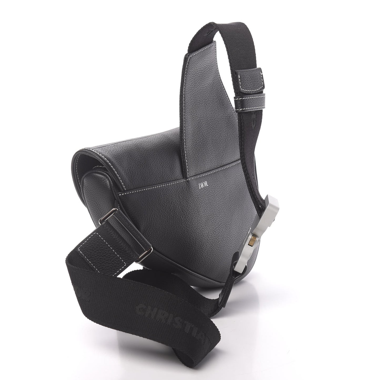 Grained Calfskin Logo Saddle Messenger Bag Black