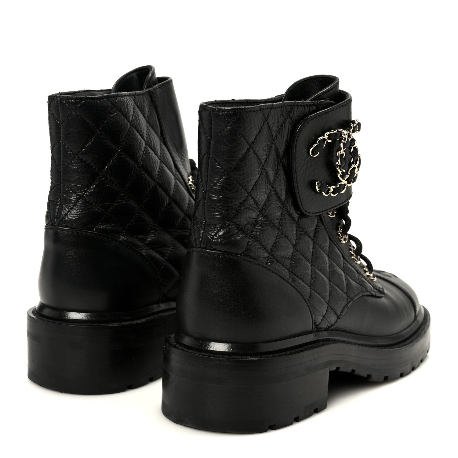 Chanel Shiny Goatskin Calfskin Quilted Lace Up Combat Boots 37.5 Black 5 of 10