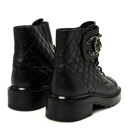 Chanel Shiny Goatskin Calfskin Quilted Lace Up Combat Boots 37.5 Black 5 of 10
