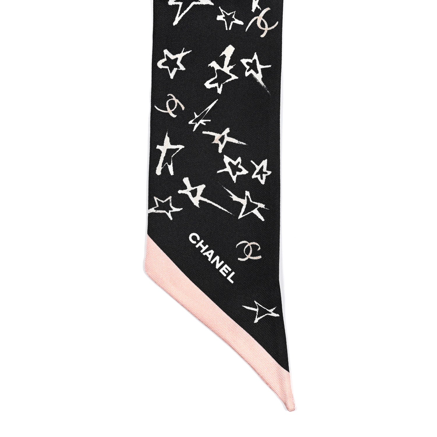 Chanel Silk Stars CC Slim Bandeau Scarf Black Ecru Light Pink 2 of 3