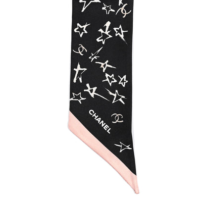 Chanel Silk Stars CC Slim Bandeau Scarf Black Ecru Light Pink 2 of 3