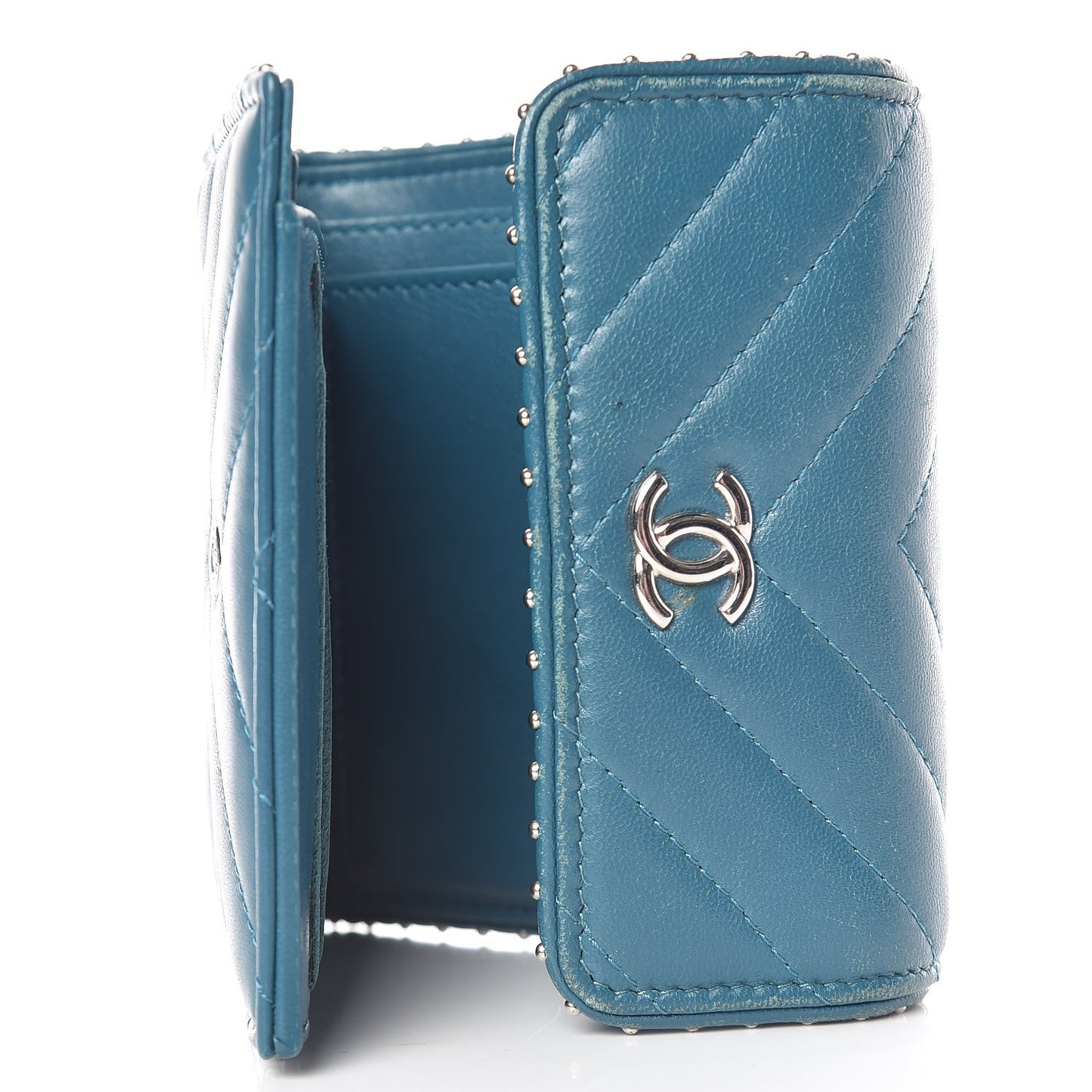 Lambskin Chevron Quilted Studded Compact Flap Wallet Blue