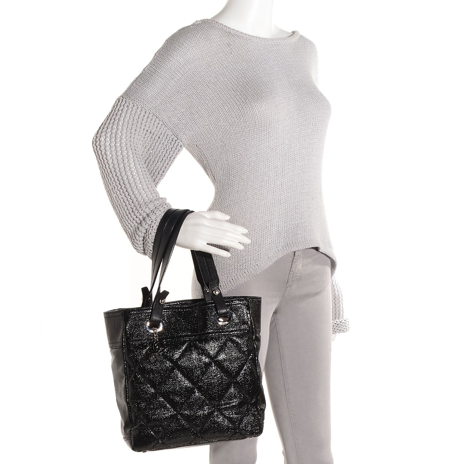 Chanel Coated Canvas Quilted Small Paris Biarritz Tote Black 2 of 7