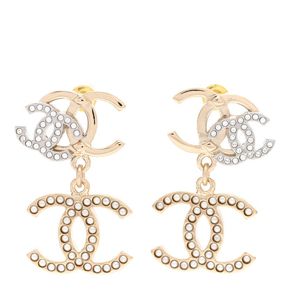 Chanel Crystal Pearl Double CC Drop Earrings Gold Silver 1 of 4