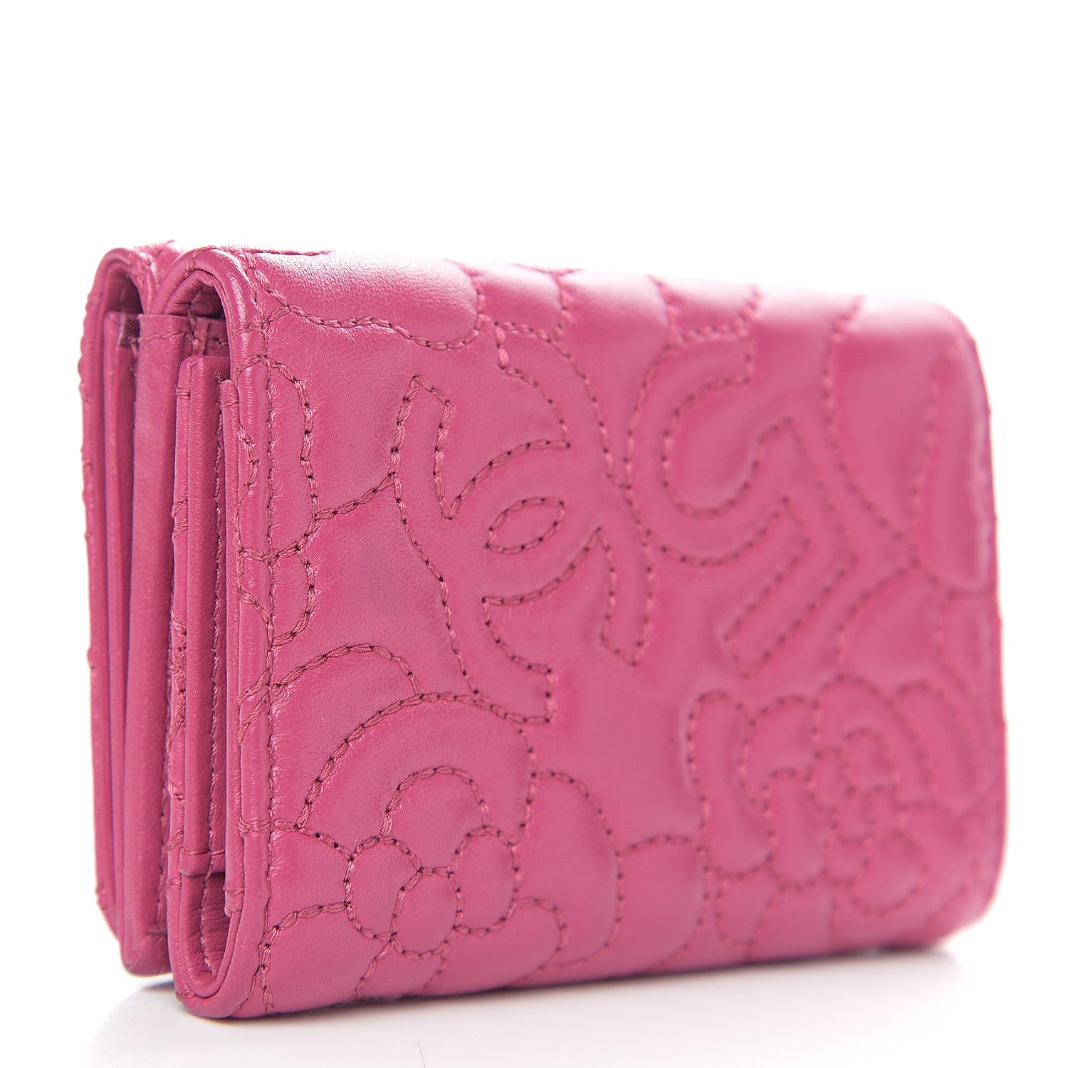 Chanel Lambskin Camellia Embossed Compact Wallet Fuchsia 2 of 8