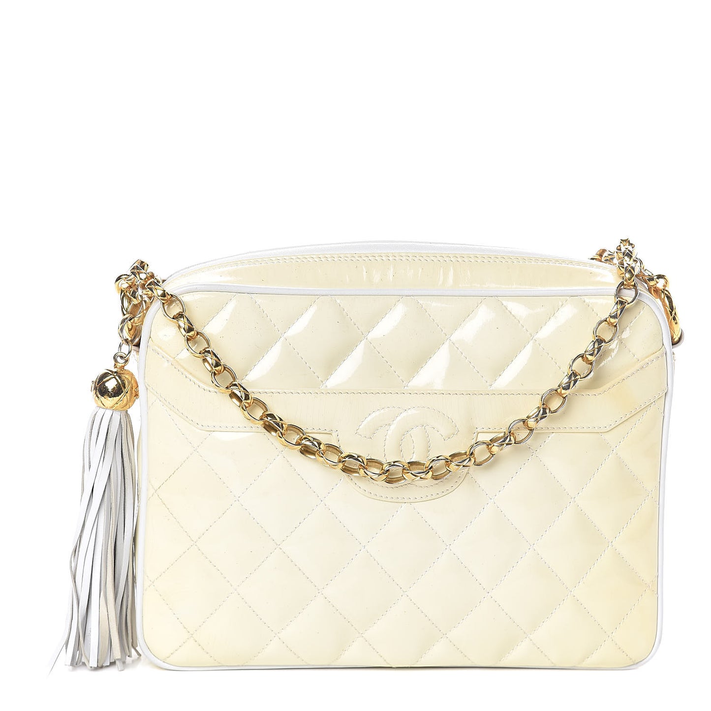 Patent Calfskin Quilted CC Tassel Camera Case White