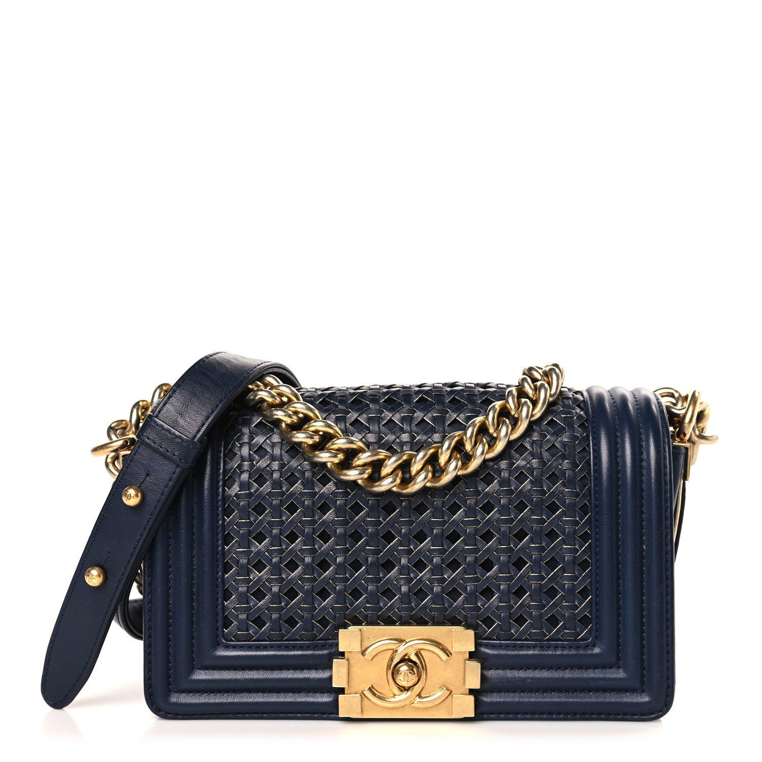 Chanel Sheepskin Braided Small Boy Reverso Flap Navy 1 of 9