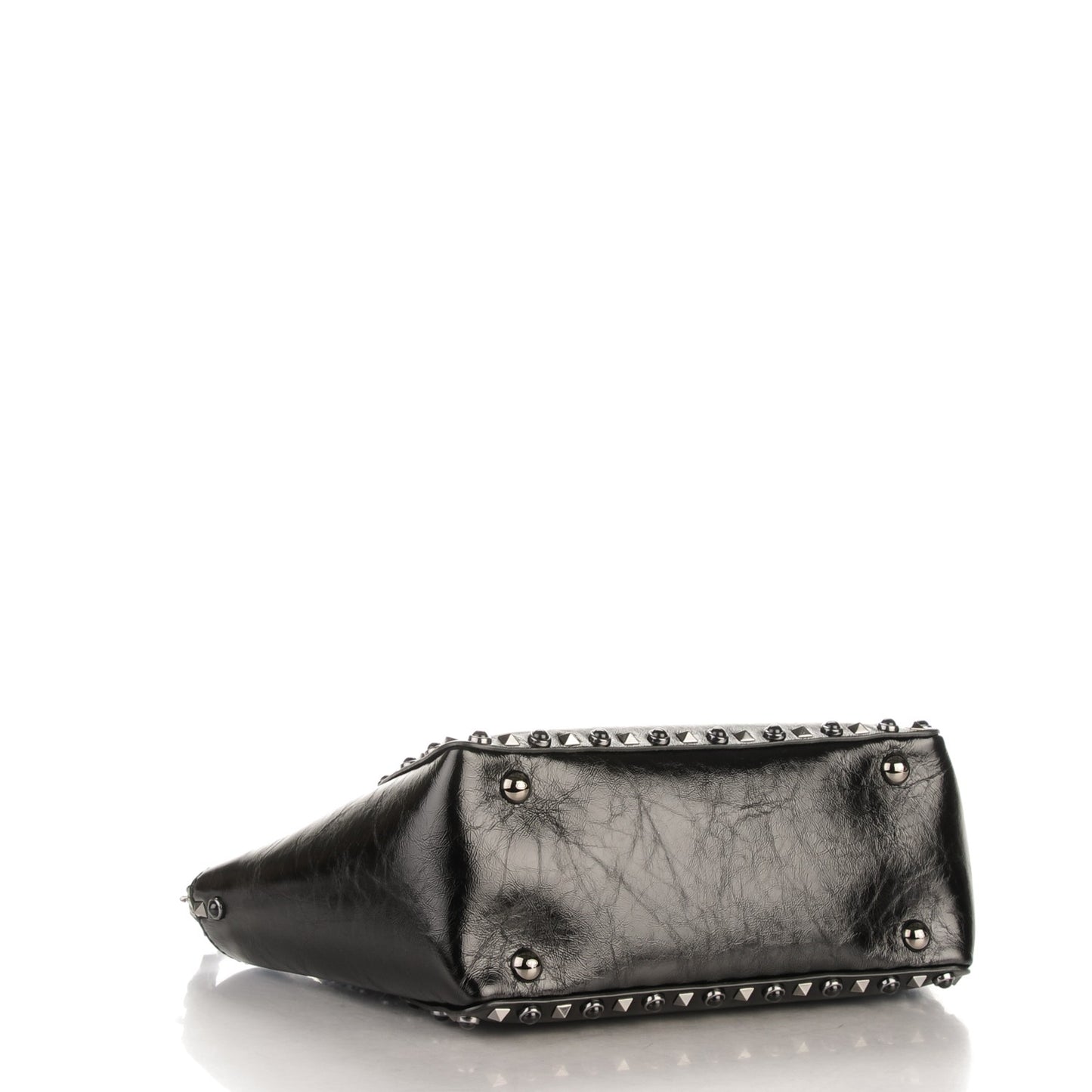 Craquele Calfskin Small Rockstud Rolling Tote Black