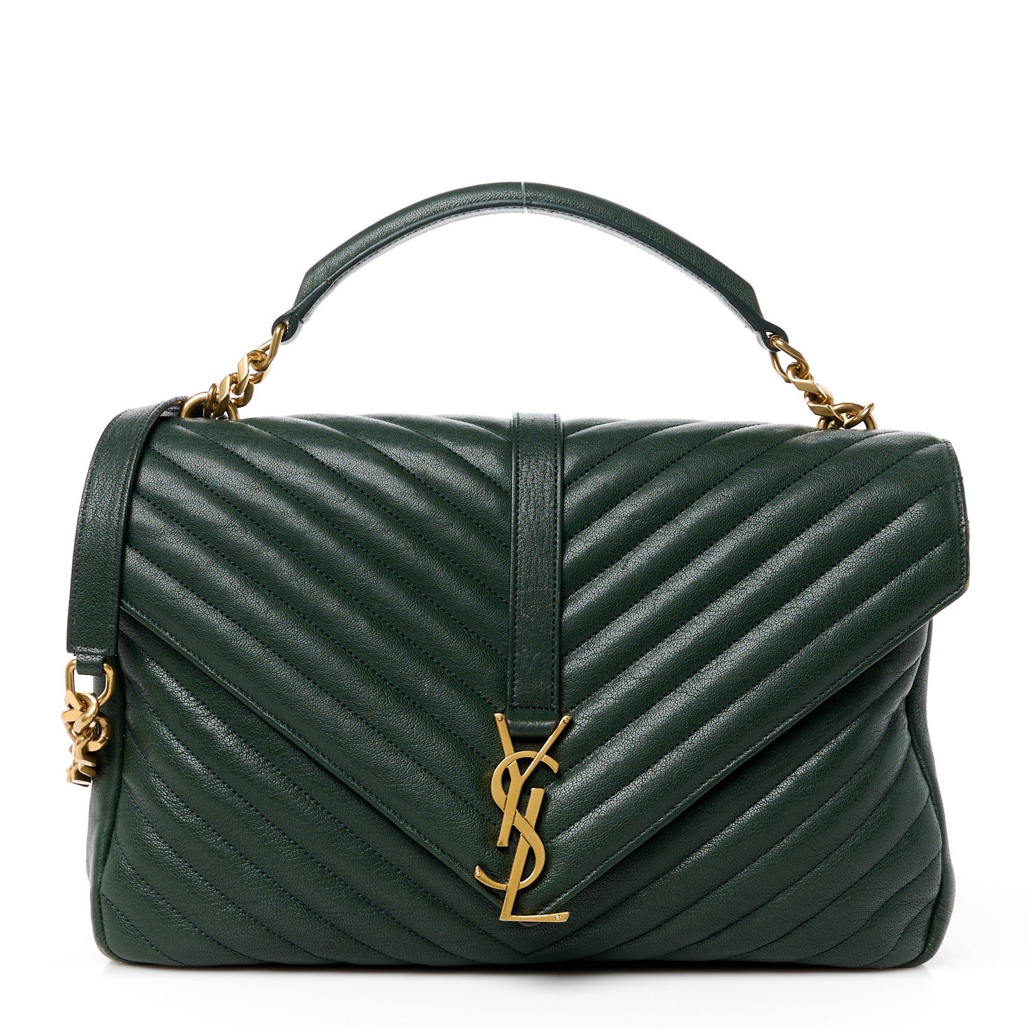 Saint Laurent Sheepskin Matelasse Chevron Monogram Large College Satchel Dark Green 1 of 15