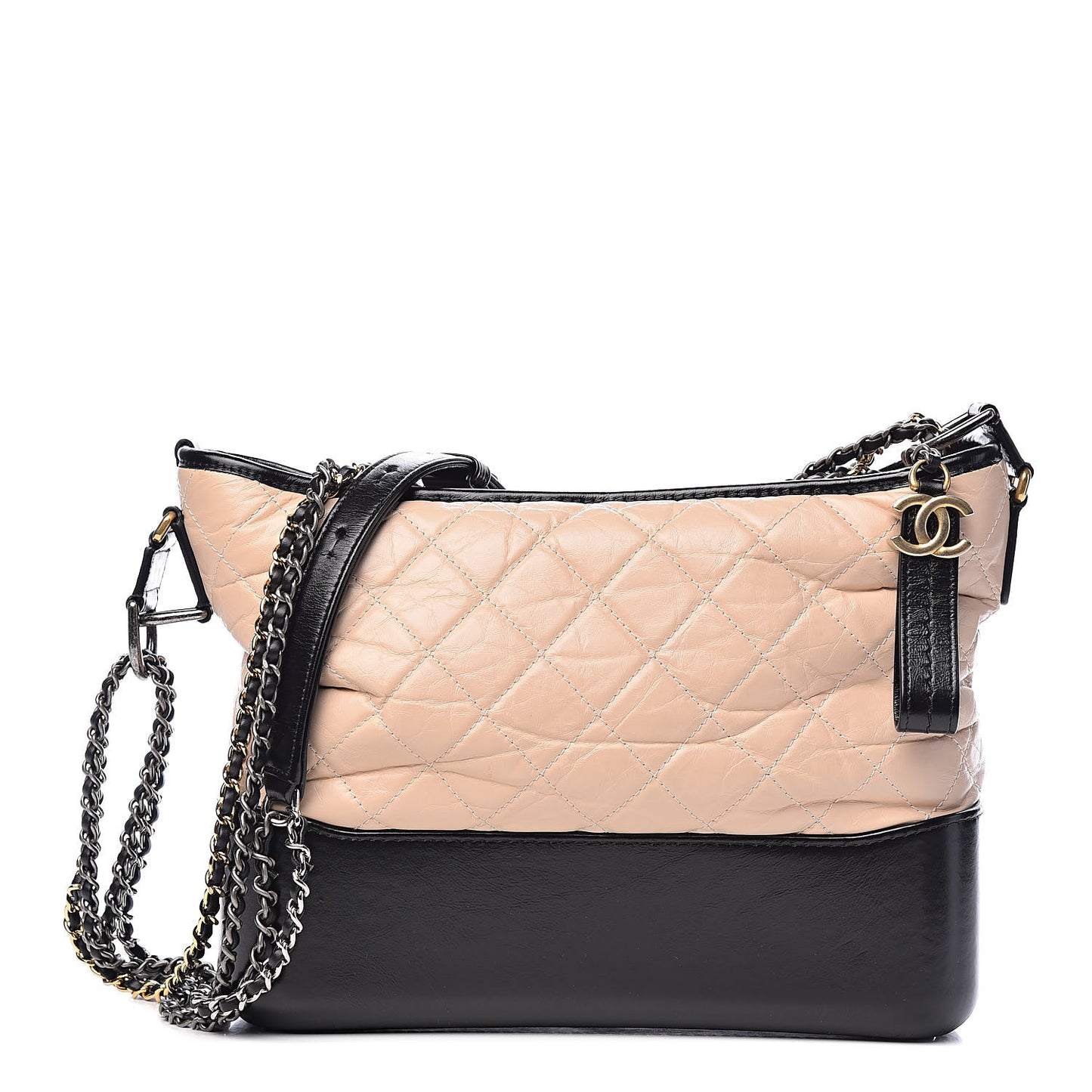 Aged Calfskin Quilted Medium Gabrielle Hobo Beige Black
