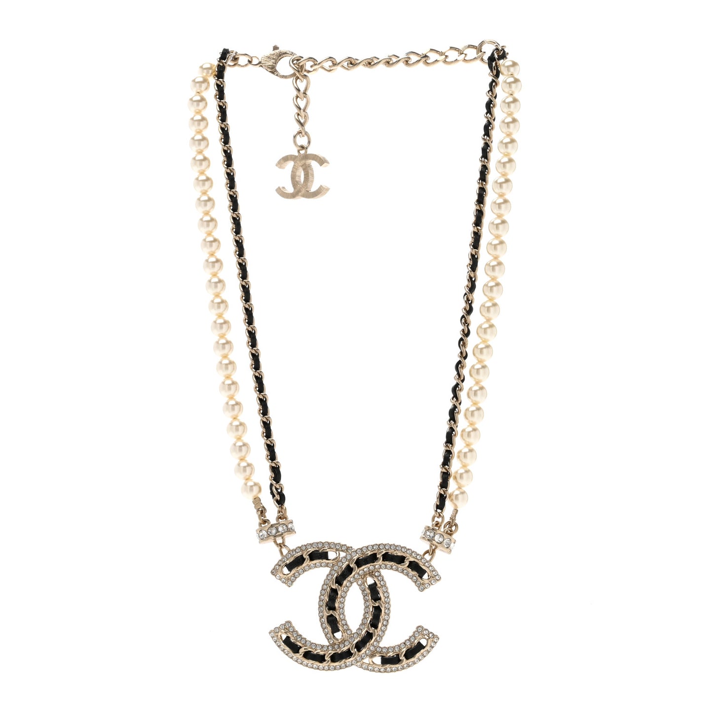 Crystal Pearl Lambskin CC Chain Choker Gold Black