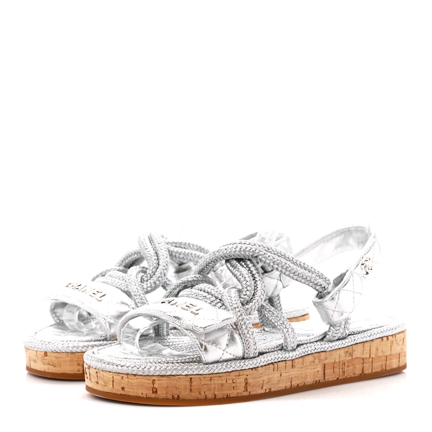 Metallic Cord Lambskin Quilted Logo Sandals 37 Black