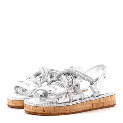 Chanel Metallic Cord Lambskin Quilted Logo Sandals 37 Black 3 of 10