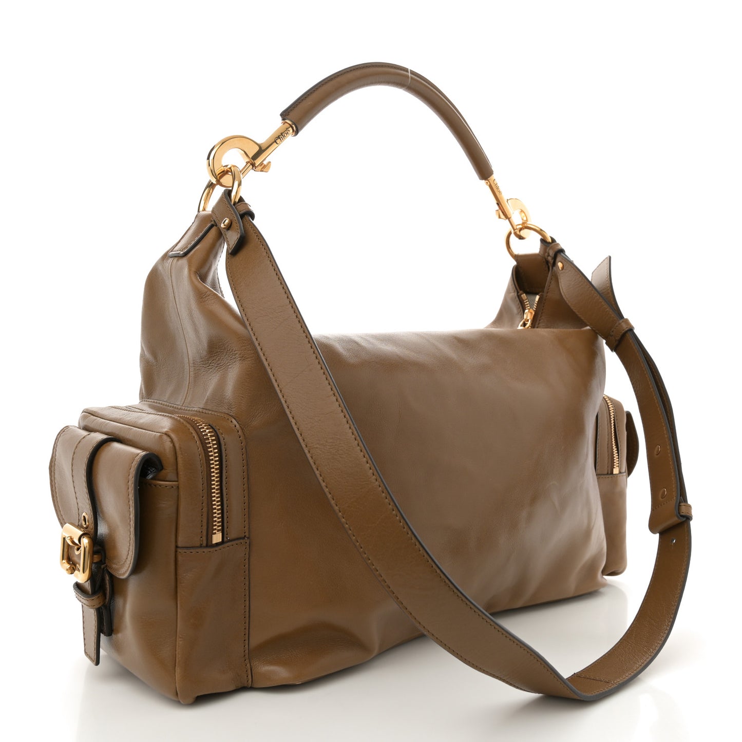 Shiny Calfskin Large Double Carrry Camera Bag Dark Khaki