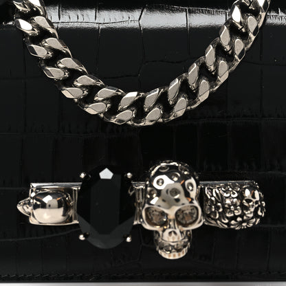 Alexander McQueen Calfskin Shiny Crocodile Embossed Jeweled Satchel Black 7 of 9