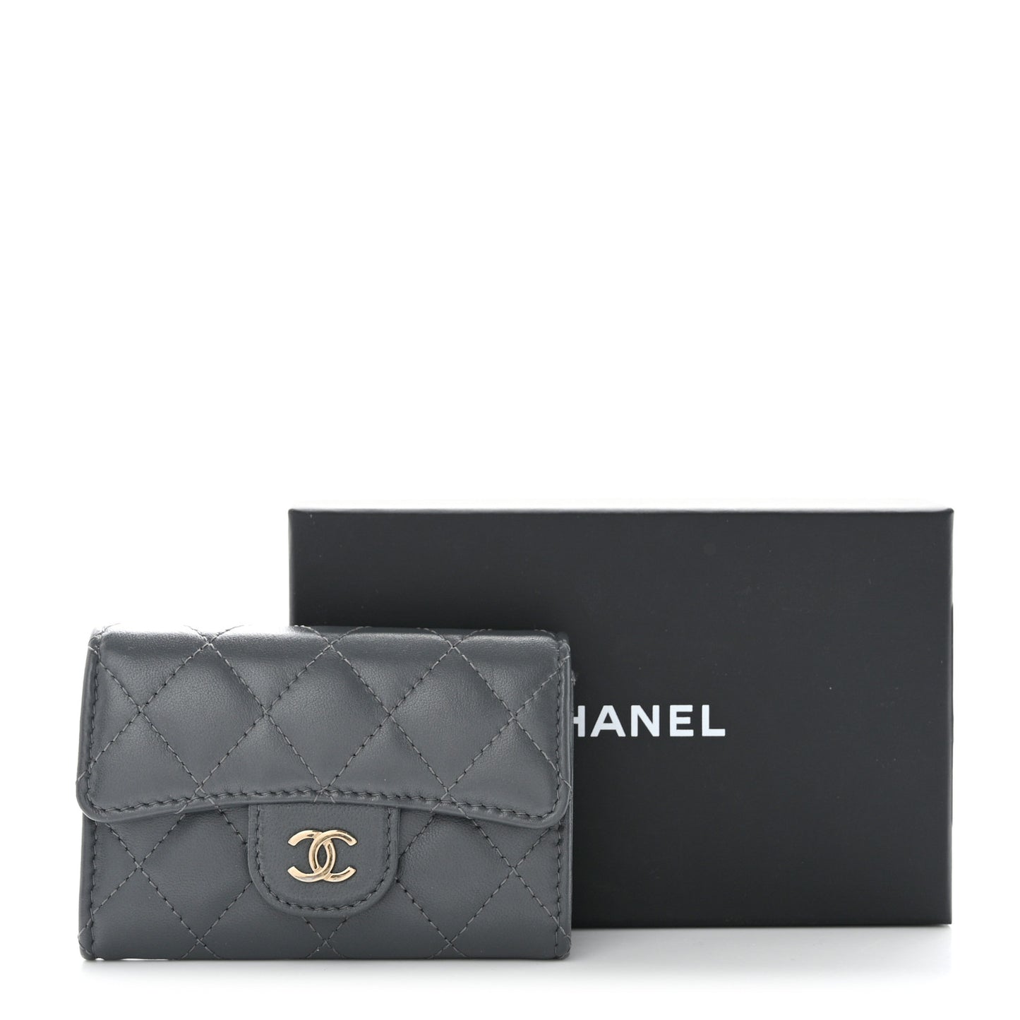 Lambskin Quilted Flap Card Holder Wallet Dark Grey