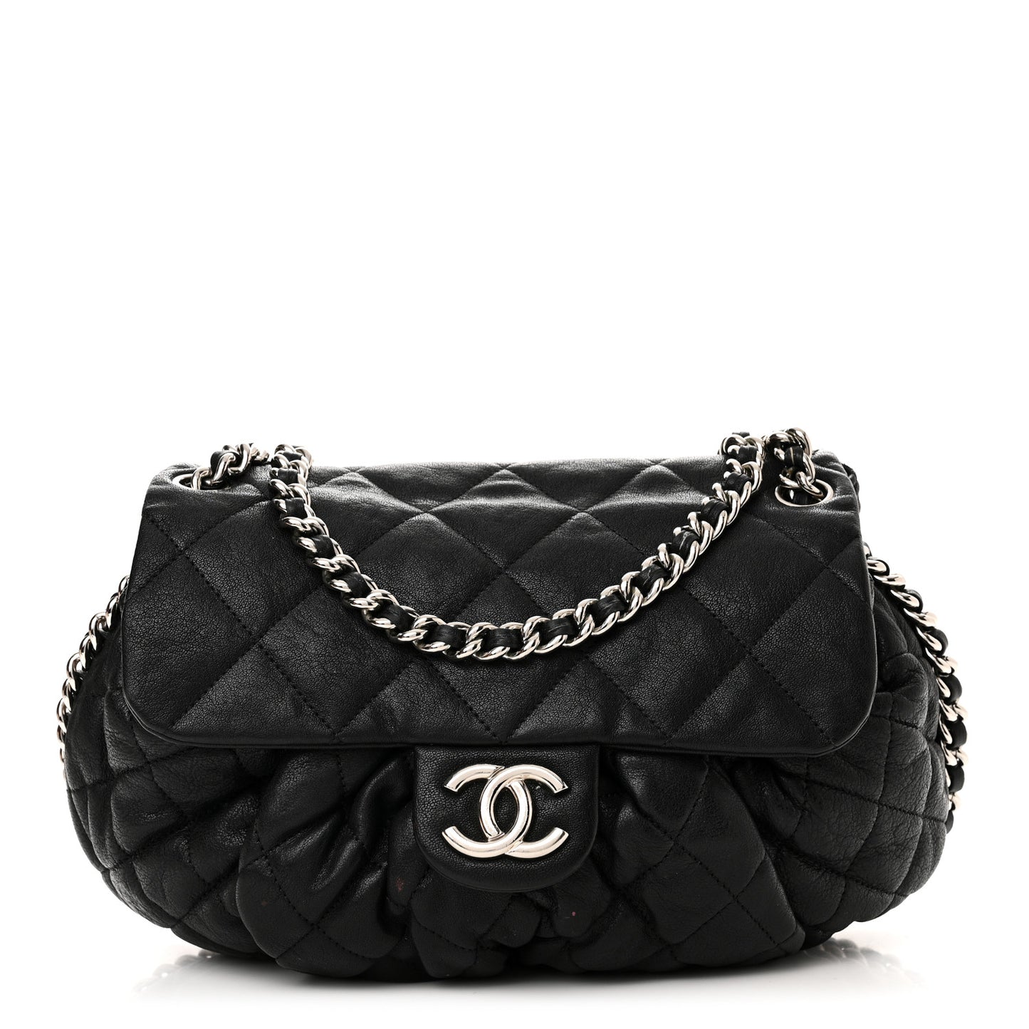 Washed Lambskin Quilted Medium Chain Around Messenger Black