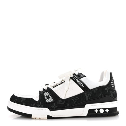 Louis Vuitton Calfskin Embossed Monogram Denim Mens LV Trainer Sneakers 9 Black 1 of 8