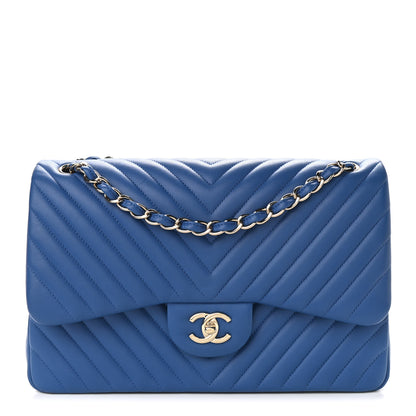 Chanel Lambskin Chevron Quilted Jumbo Double Flap Blue 1 of 10