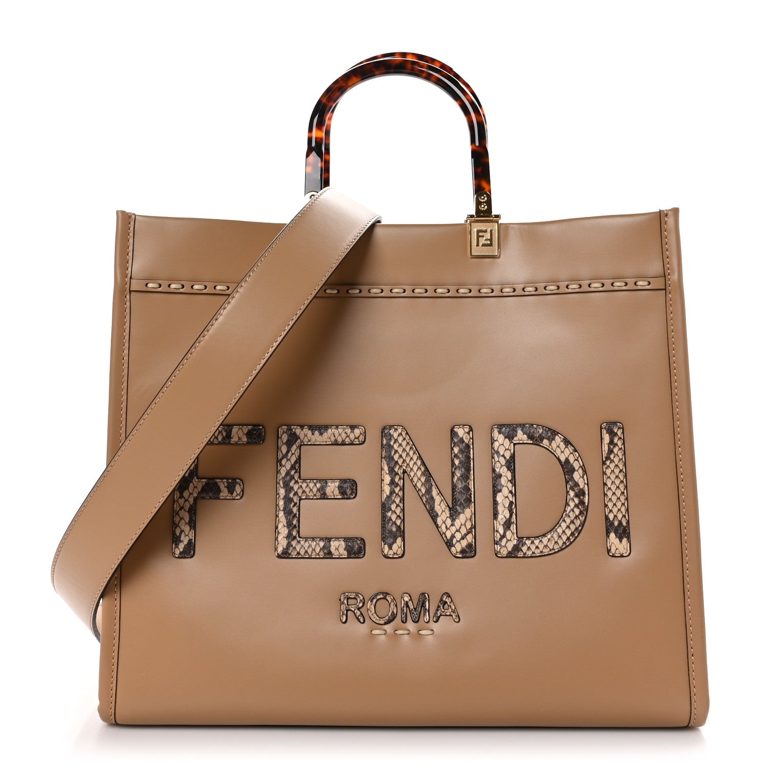 Fendi Vitello King Plexiglass Elaphe Python Print Logo Medium Fendi Sunshine Shopper Tote Miele Scuro Makeup 1 of 9