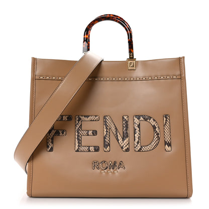 Fendi Vitello King Plexiglass Elaphe Python Print Logo Medium Fendi Sunshine Shopper Tote Miele Scuro Makeup 1 of 9
