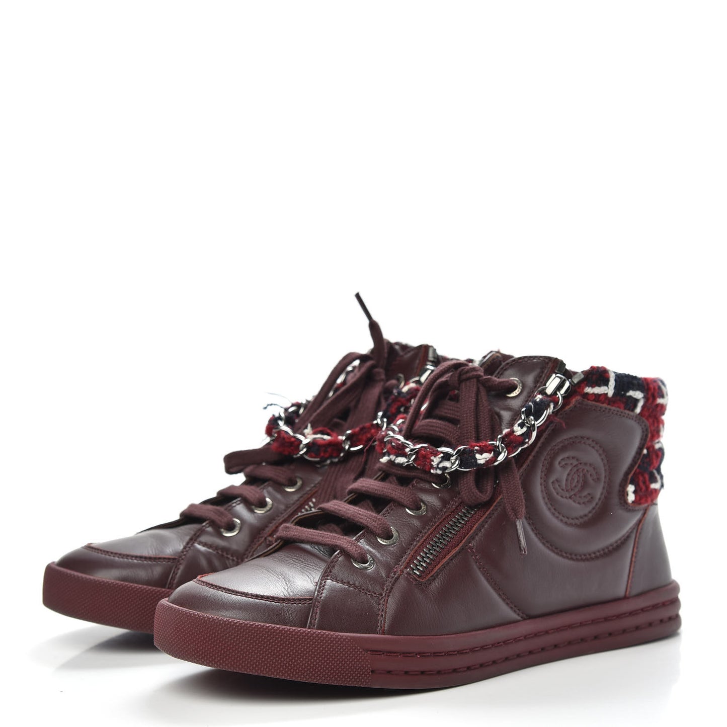 Lambskin Tweed Chain CC Sneakers 37 Burgundy Navy White
