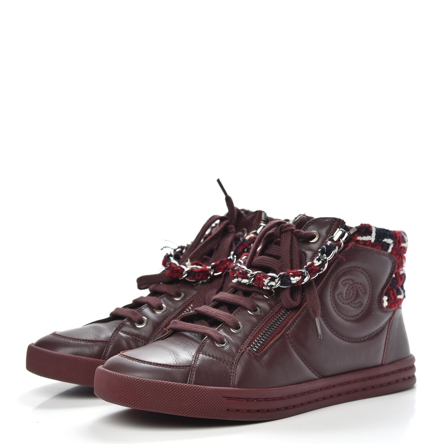 Chanel Lambskin Tweed Chain CC Sneakers 37 Burgundy Navy White 3 of 9