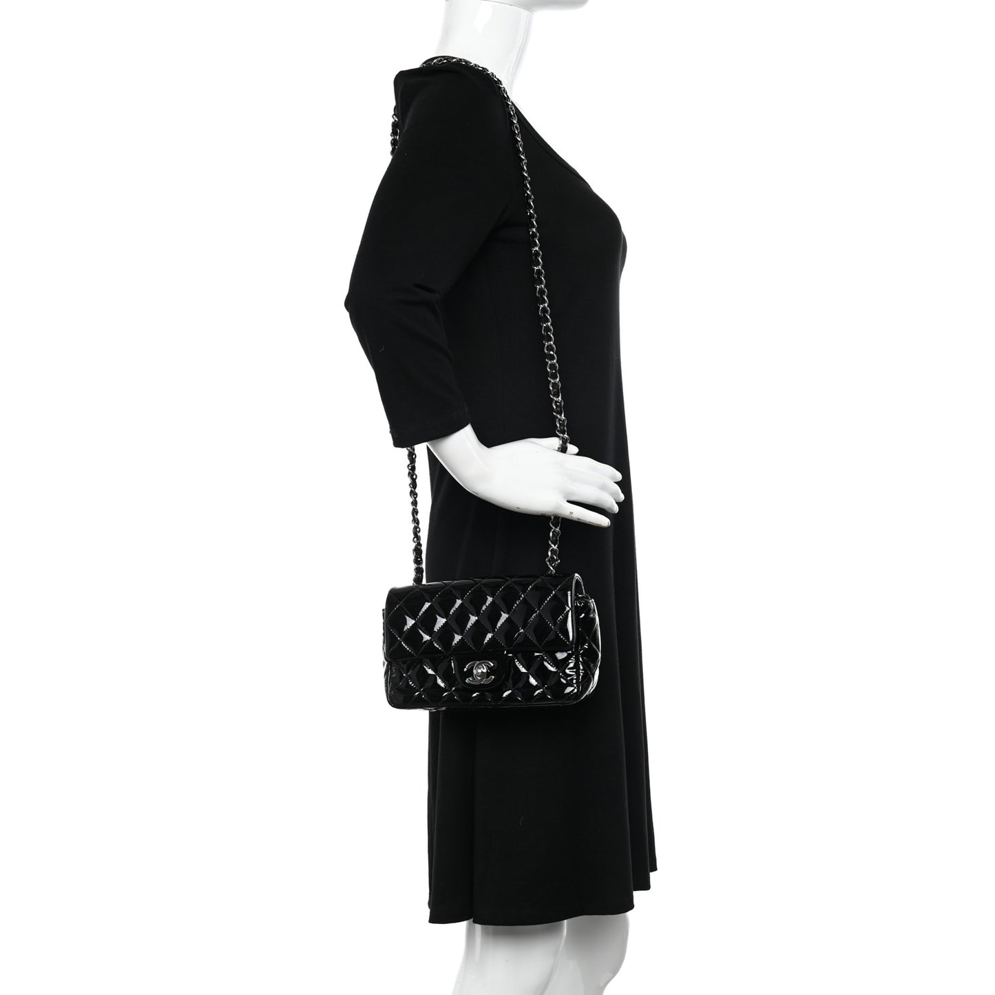 Patent Calfskin Quilted Mini Rectangular Flap Black