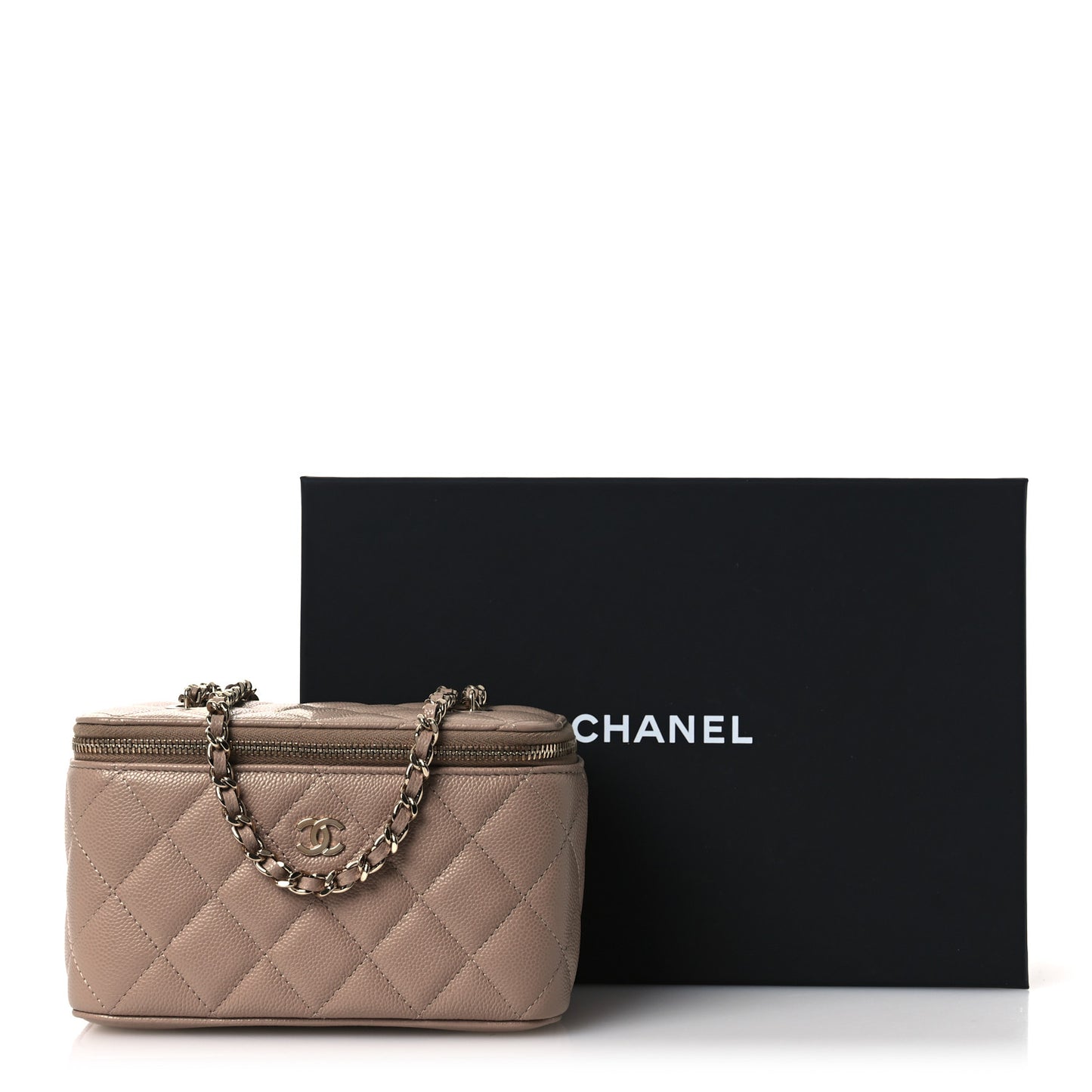 Caviar Quilted Small Vanity Case With Chain Dark Beige