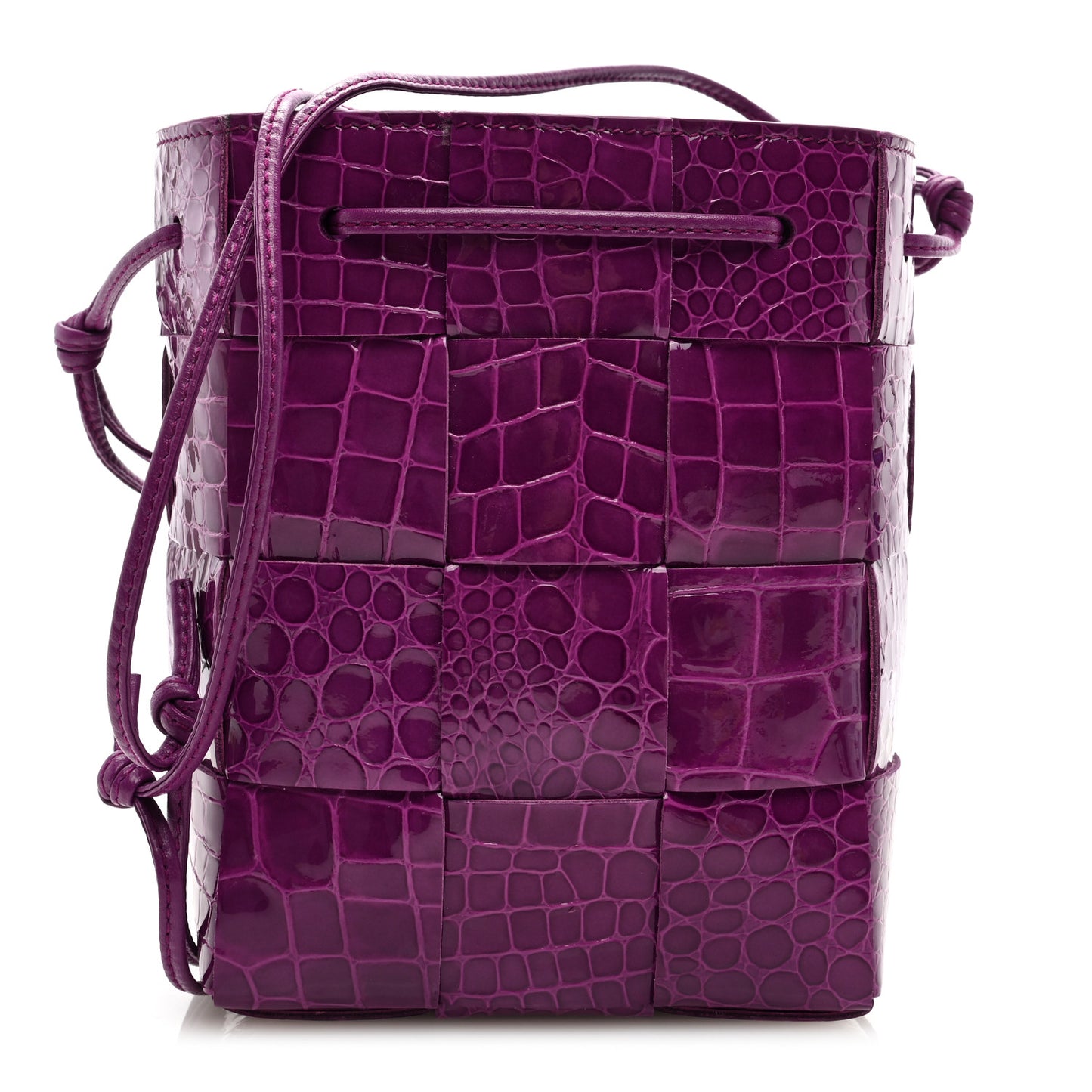 Gloss Calfskin Croc Embossed Intreccio Mini Cassette Crossbody Bucket Bag Venom