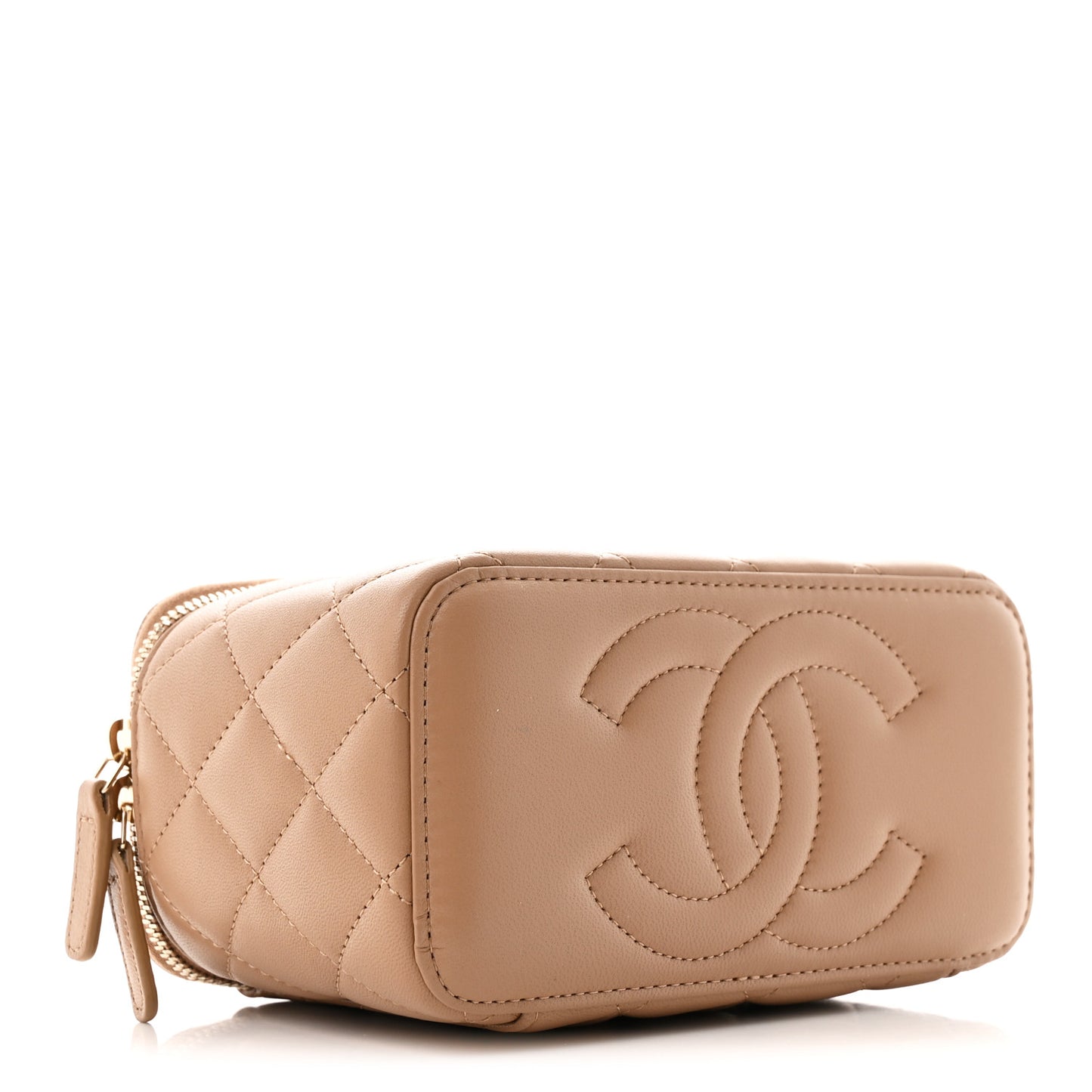 Lambskin Quilted Metal Small Top Handle Vanity Case With Chain Beige