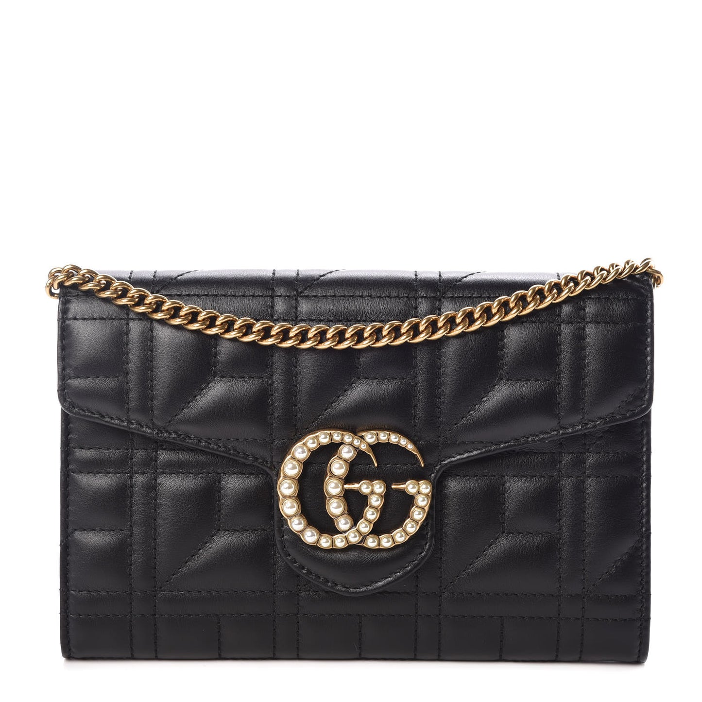 Calfskin Matelasse Mini Pearly GG Marmont Chain Wallet Black