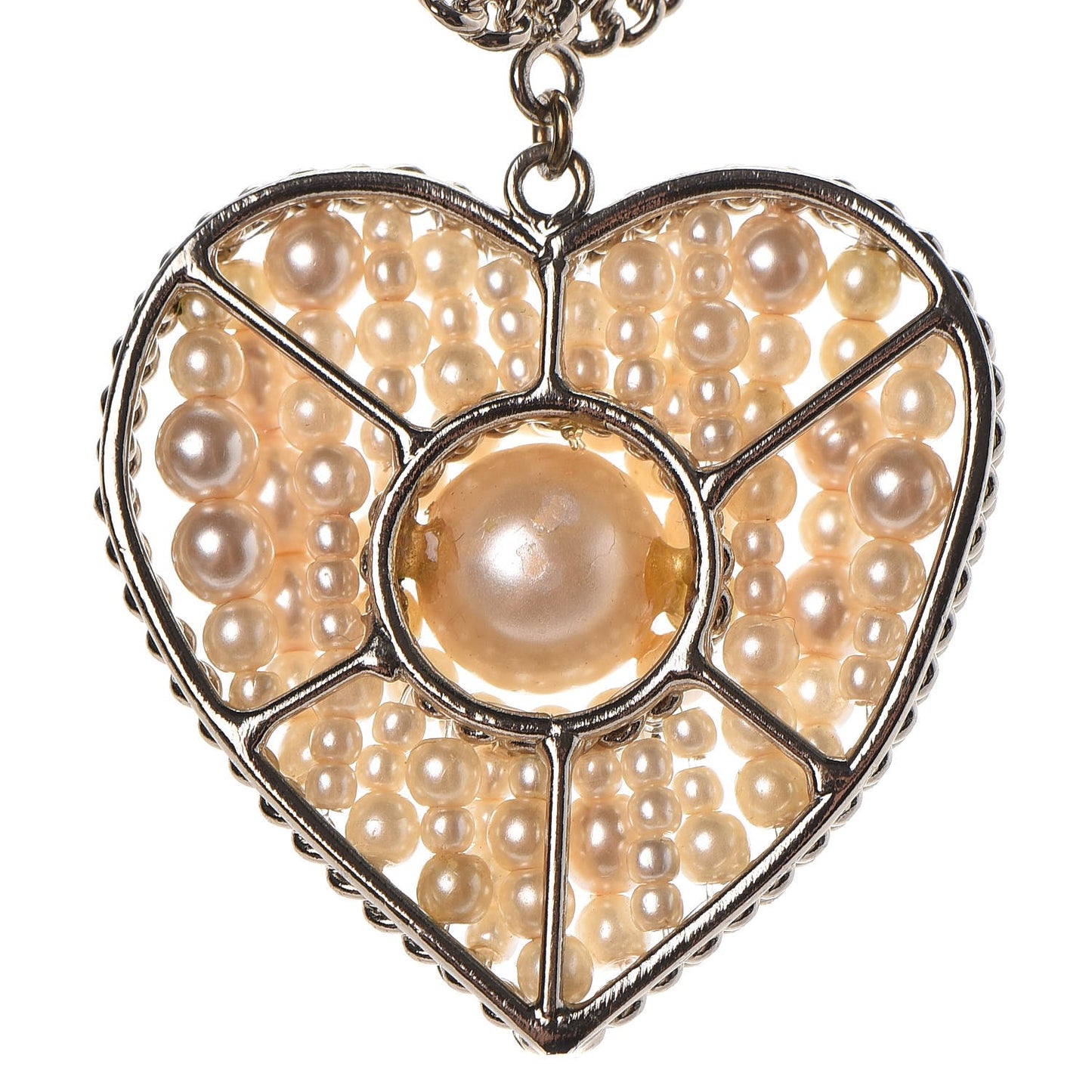 Pearl CC Chain Heart Medallion Necklace Light Gold