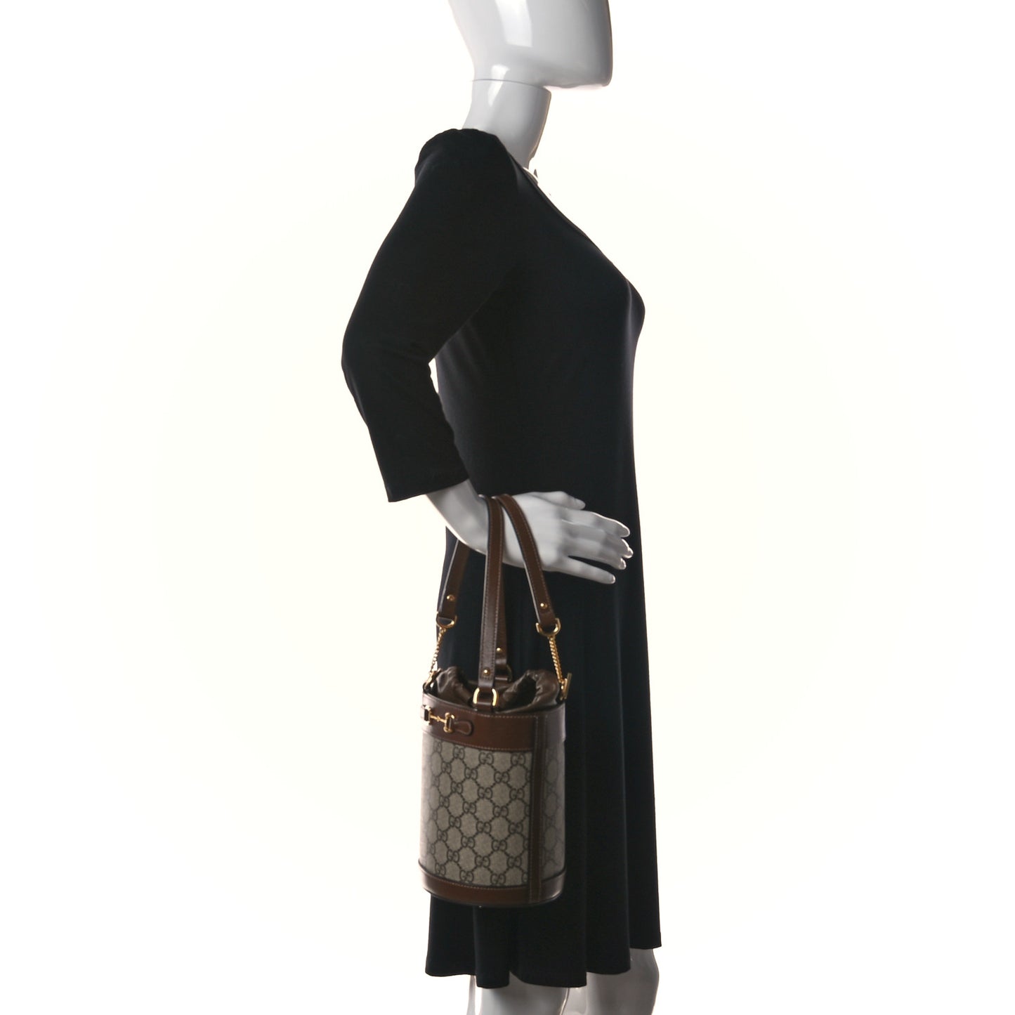 GG Supreme Monogram Azalea Sakai Calfskin Small Horsebit 1955 Drawstring Bucket Bag Beige Ebony Brown Sugar
