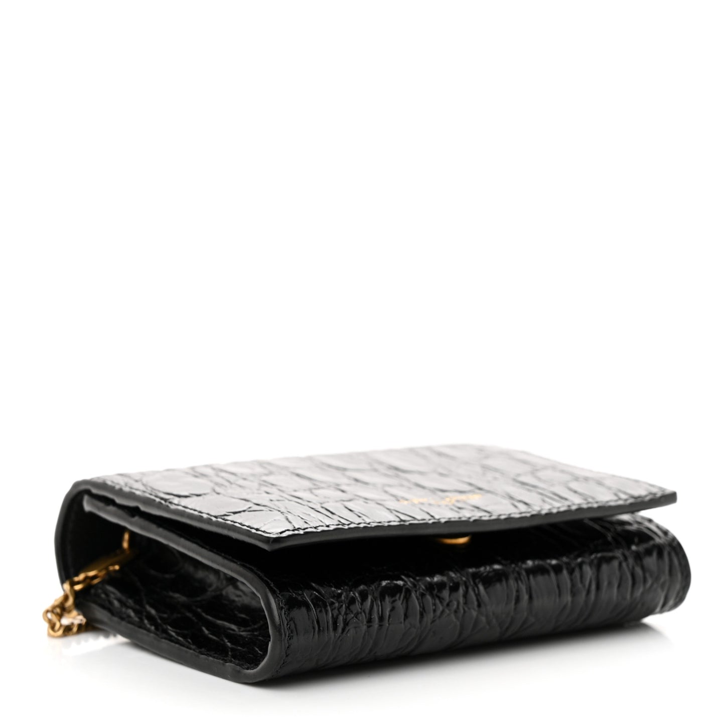 Calfskin Crocodile Embossed Monogram Chain Card Case Black