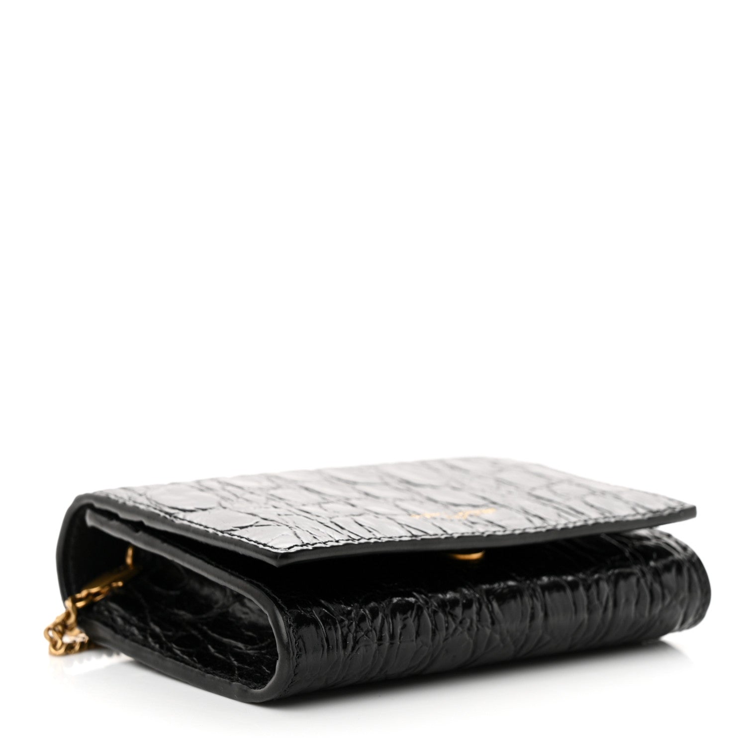 Saint Laurent Calfskin Crocodile Embossed Monogram Chain Card Case Black 4 of 11