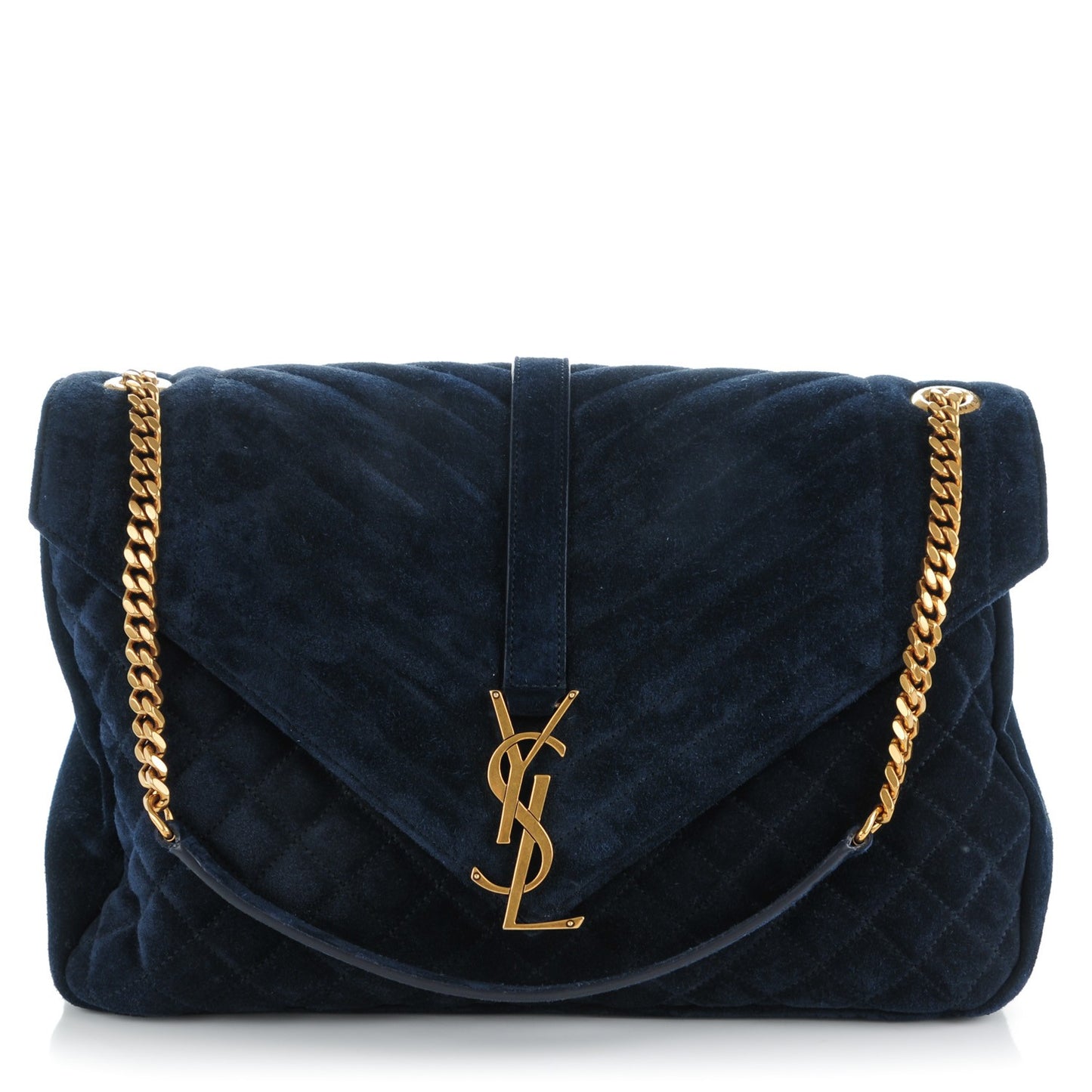Suede Mixed Matelasse Triquilt Large Monogram Envelope Satchel Navy Blue