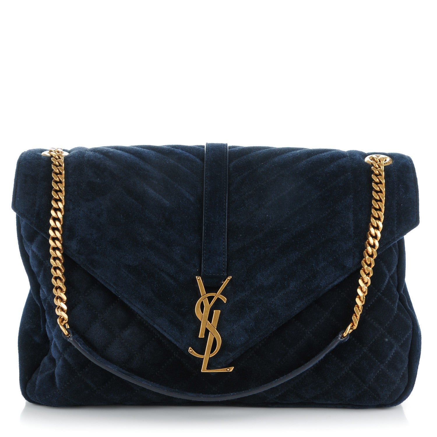 Saint Laurent Suede Mixed Matelasse Triquilt Large Monogram Envelope Satchel Navy Blue 1 of 9