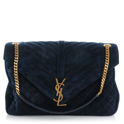 Saint Laurent Suede Mixed Matelasse Triquilt Large Monogram Envelope Satchel Navy Blue 1 of 9