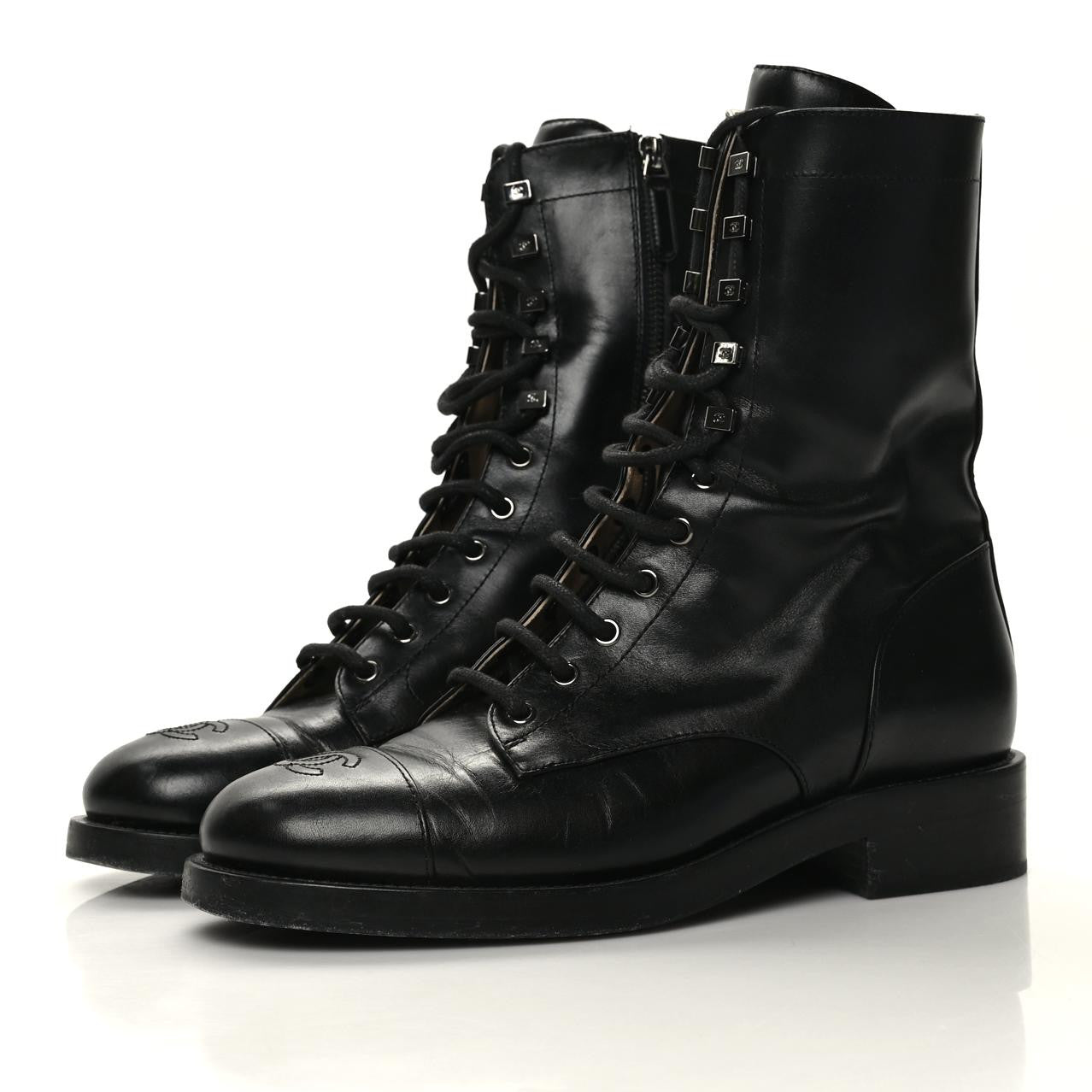 Calfskin Lace Up Combat Boots 41 Black