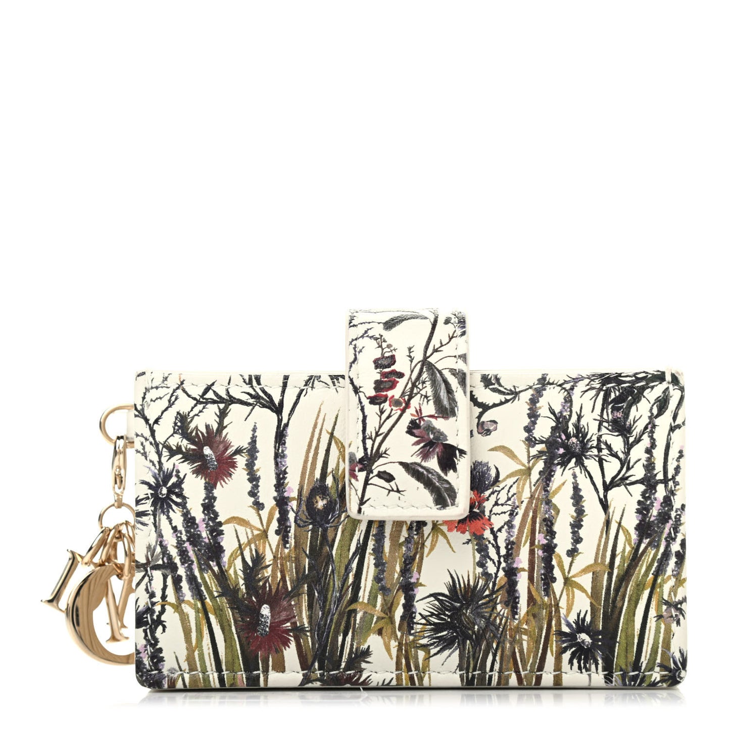 Calfskin Floral Print Lady Dior Gusseted Card Holder Latte Multicolor