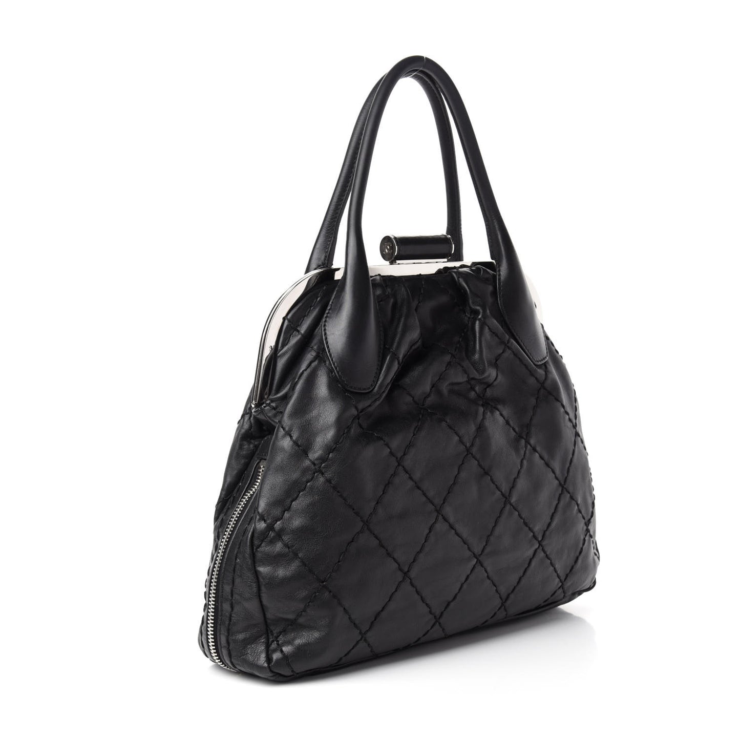 Calfskin Stitched Expandable Frame Bag Black
