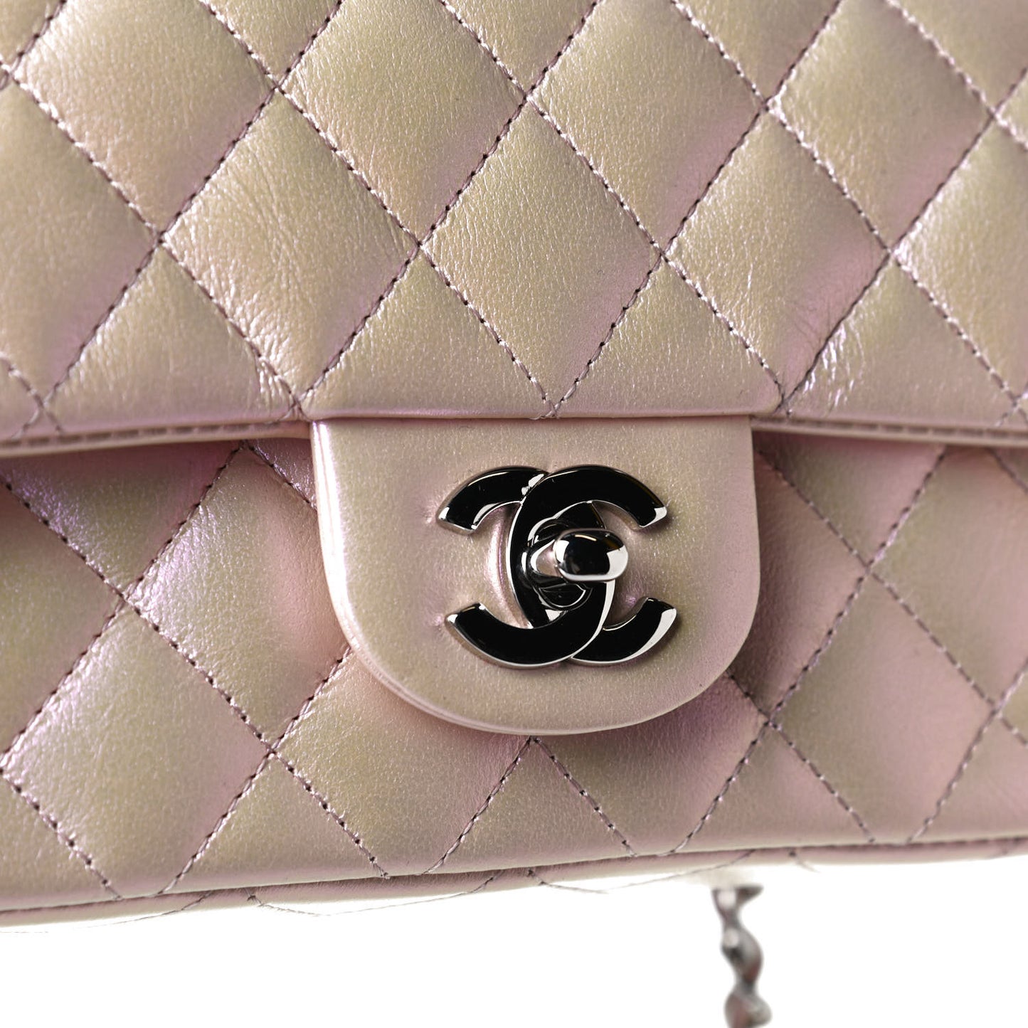 Iridescent Calfskin Quilted Mini Rectangular Flap Pink