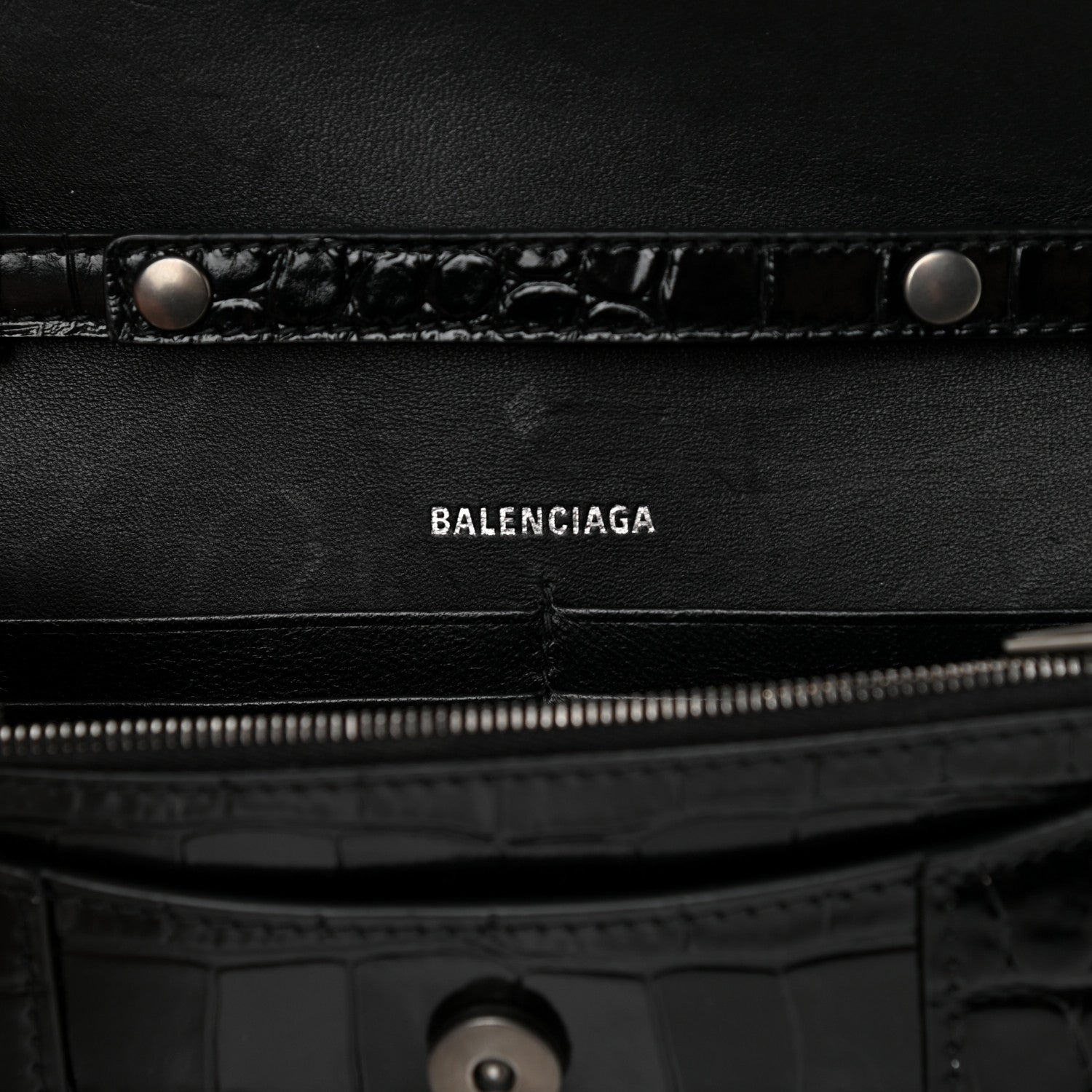 Balenciaga Shiny Calfskin Monochrome Crocodile Embossed Hourglass Chain Bag Black 6 of 15
