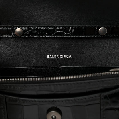 Balenciaga Shiny Calfskin Monochrome Crocodile Embossed Hourglass Chain Bag Black 6 of 15