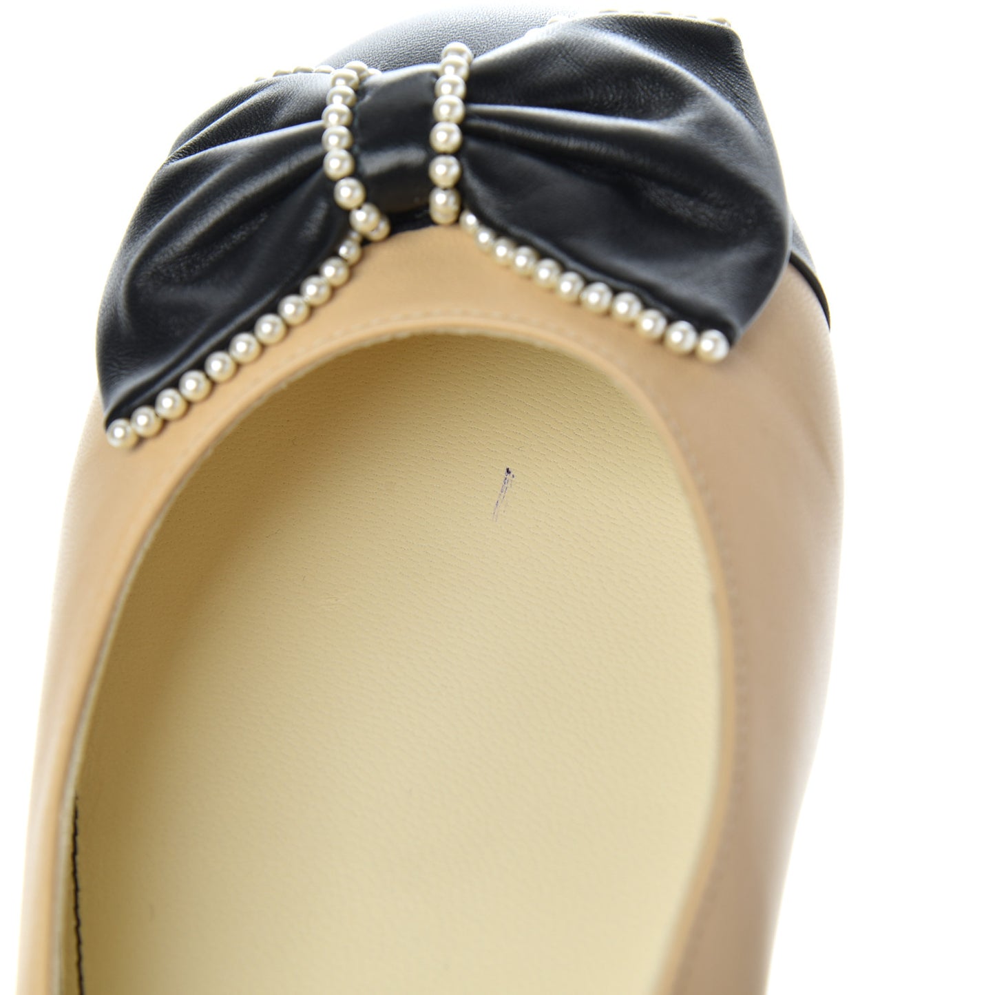 Lambskin Pearl Bow Ballerina Flats 40 Beige Black