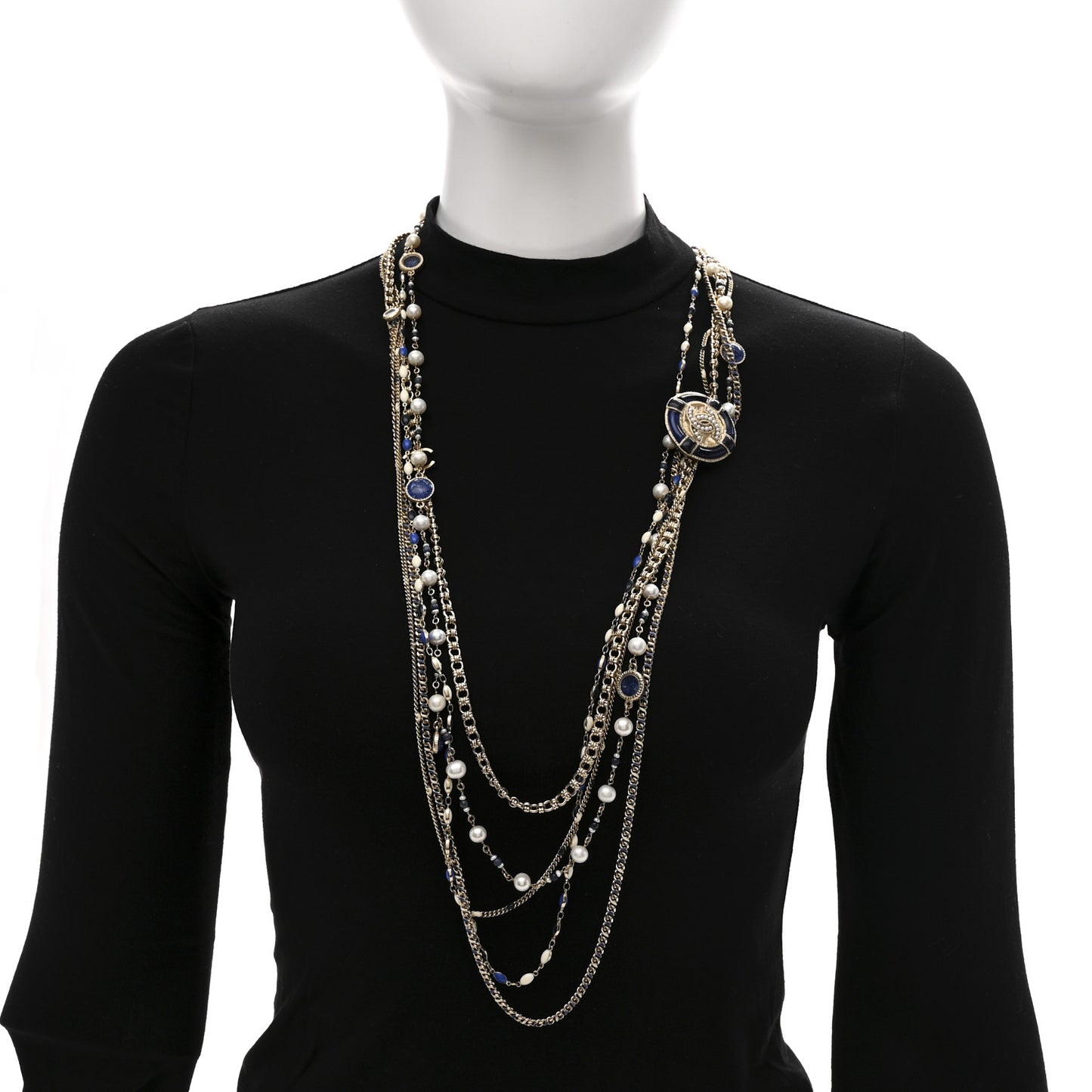 Pearl Resin Beaded CC Long Multi Strand Necklace Blue Gold Multicolor