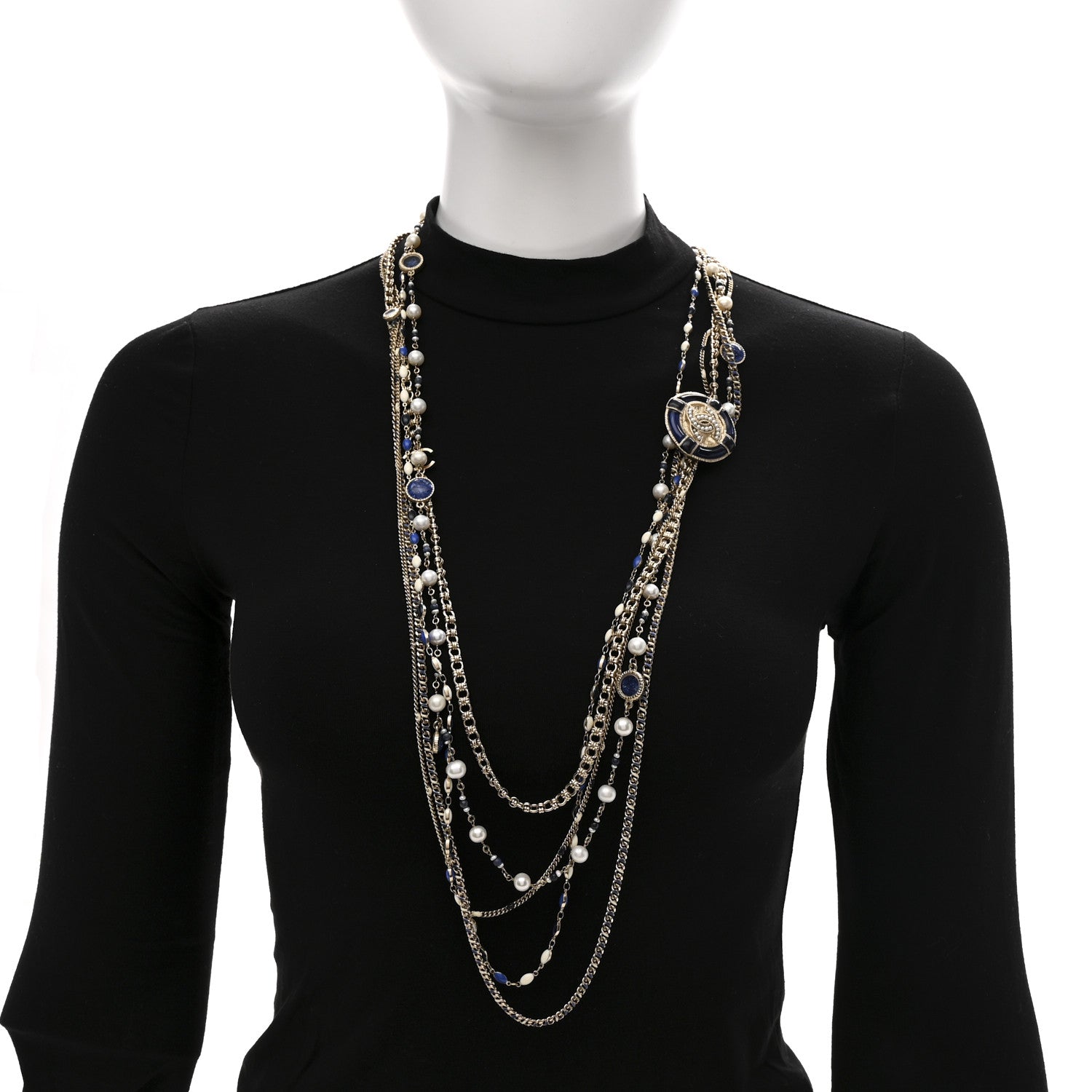 Chanel Pearl Resin Beaded CC Long Multi Strand Necklace Blue Gold Multicolor 2 of 7