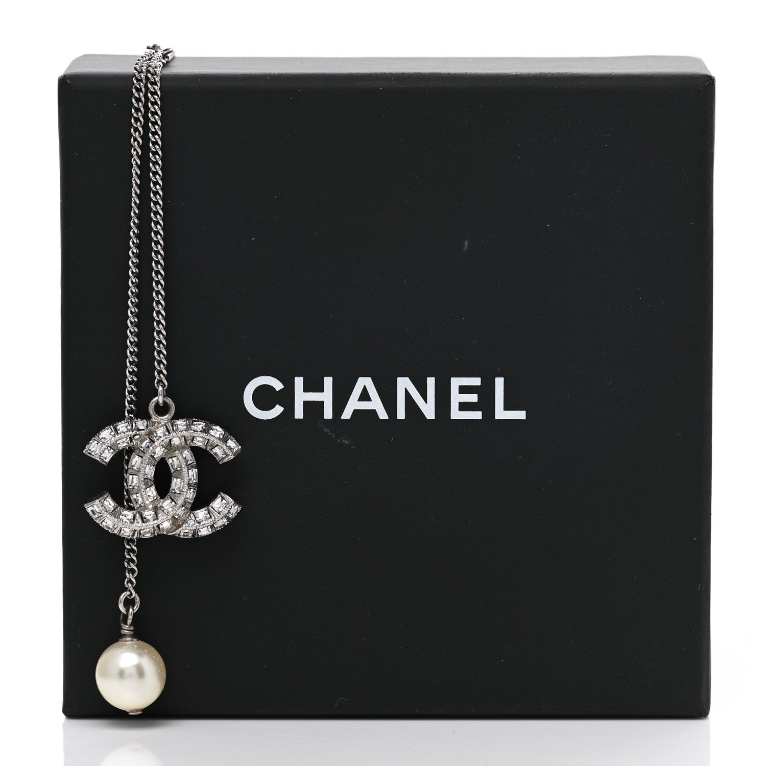 Chanel Baguette Crystal Pearl CC Lariat Necklace Silver 5 of 5